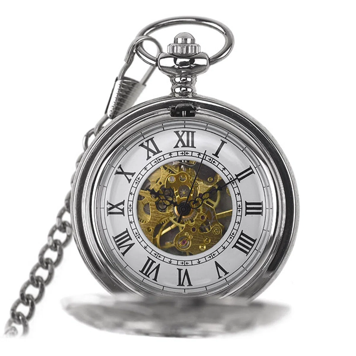 Relojes de Bolsillo, Relojes de Bolsillo mecánicos con números Romanos, Esfera 96, Esqueleto, Doble Cubierta Abierta, Cadenas, Regalos cumpleaños y graduación