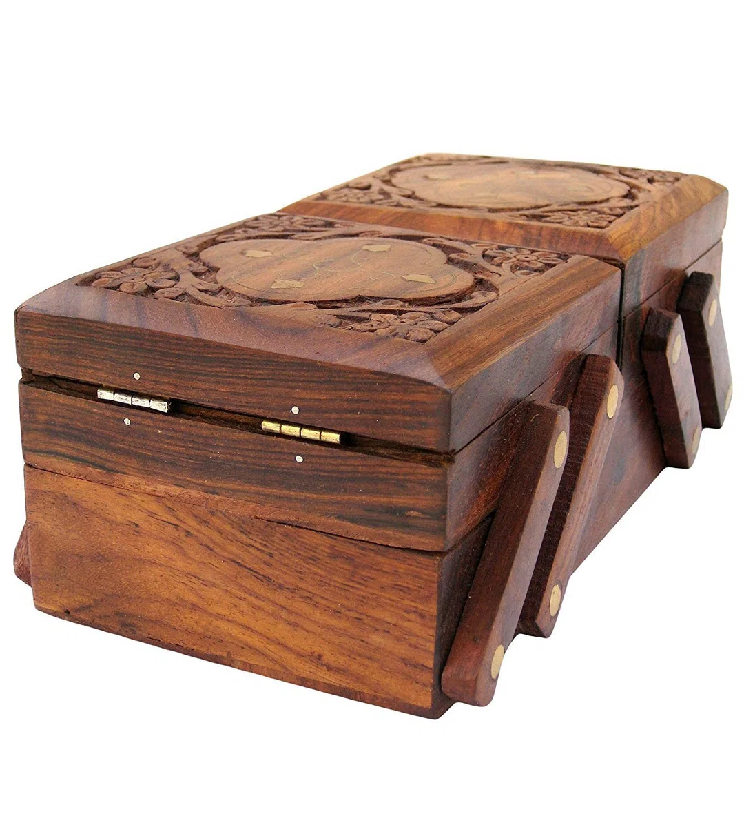 Craftland Joyero de madera (latón y tallado) para mujeres/niñas, con solapa abatible, regalo hecho a mano, 20,3 cm