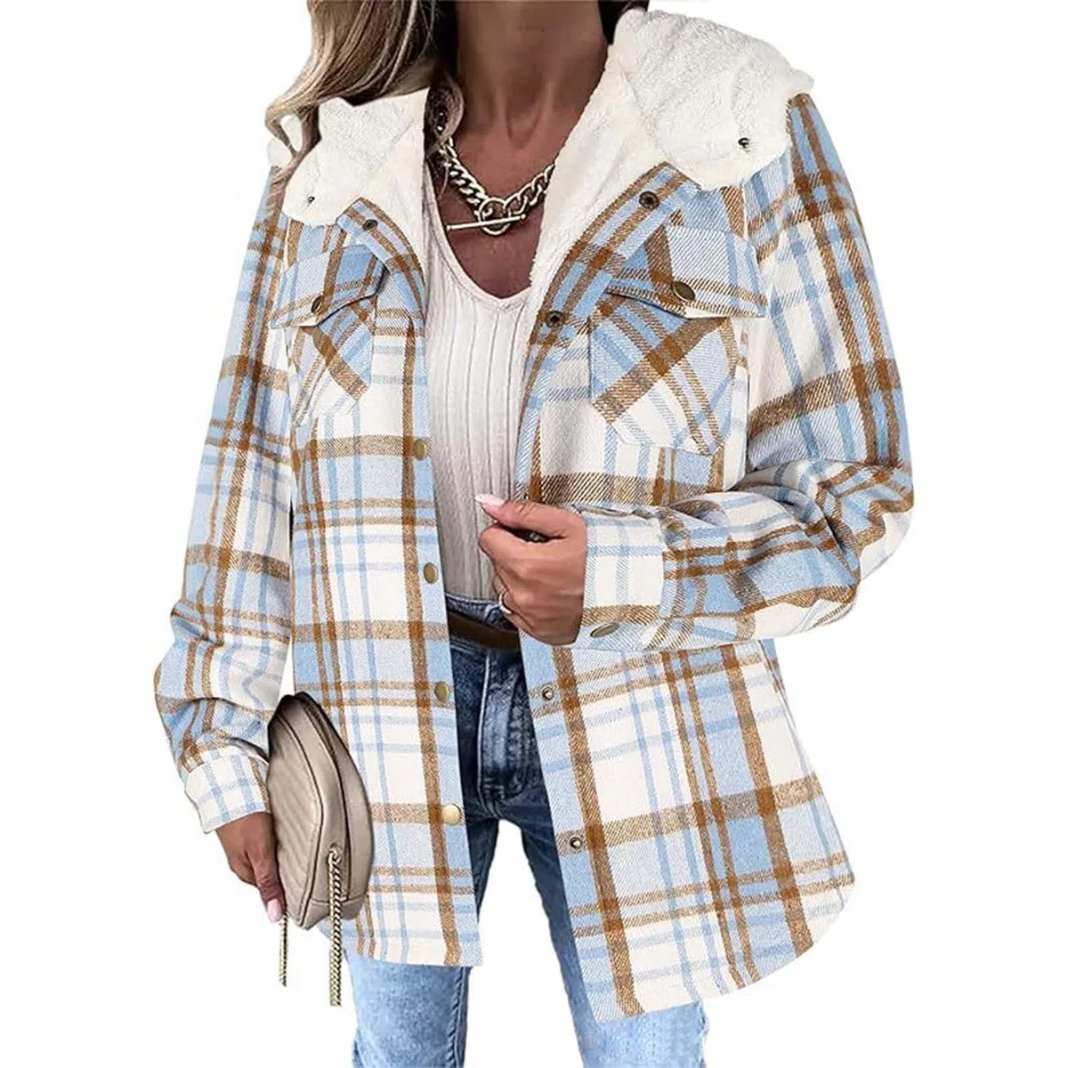 Genérico Chaqueta Polar Mujer,Chaqueta Corta A Cuadros para Mujer De Manga Larga con Botones Forro Polar Y Capucha para Mayor Calidez
