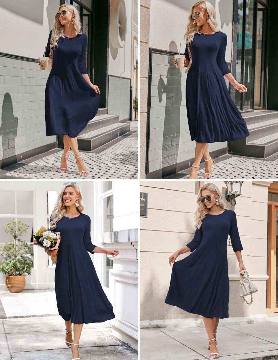 Hotouch Dress Women Elegant Casual Dresses 3/4 Sleeve A Line Mididress Classic Round Neck Tunic with Pockets