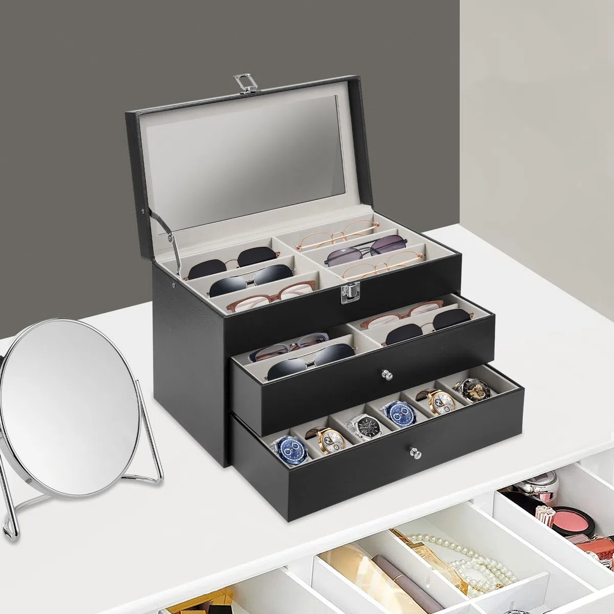 Caja de almacenamiento para gafas de sol, estuche con cerradura, gafas de sol con tapa de cristal, para guardar 12 relojes y 12 gafas de sol