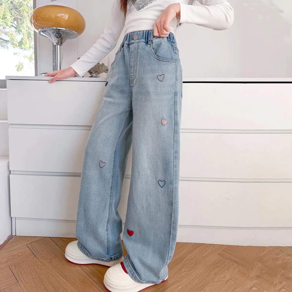 Pantalones vaqueros para niñas de 5 a 14 años con cintura elástica y pierna ancha