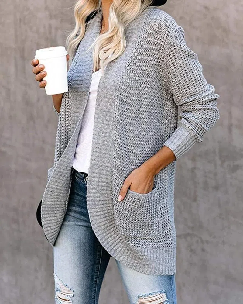 Cárdigan Punto Gofrado Mujer Abierto por Delante Manga Larga Punto Grueso y Suave Bolsillos Corte Relajado Estilo Boyfriend Ideal para Otoño y Uso Diario Informal.