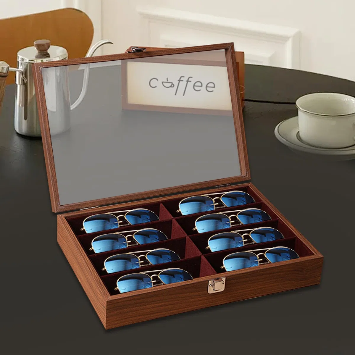 #N/A/a Organizador de Gafas Bandeja para Ordenar Lentes Caja de Exhibición de Madera 8 Espacios con Revestimiento Suave Adecuado para Organización en Casa Y, con Tapa de Nogal, universal