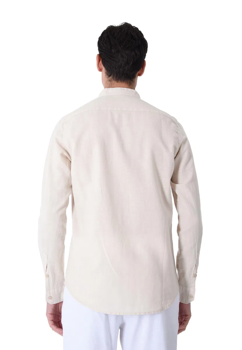 Camisa de hombre 100% lino cuello coreano blanco azul beige celeste negro rosa verde manga larga verano Slim Fit Serafino Sartorial Mangas revolables beige XXL