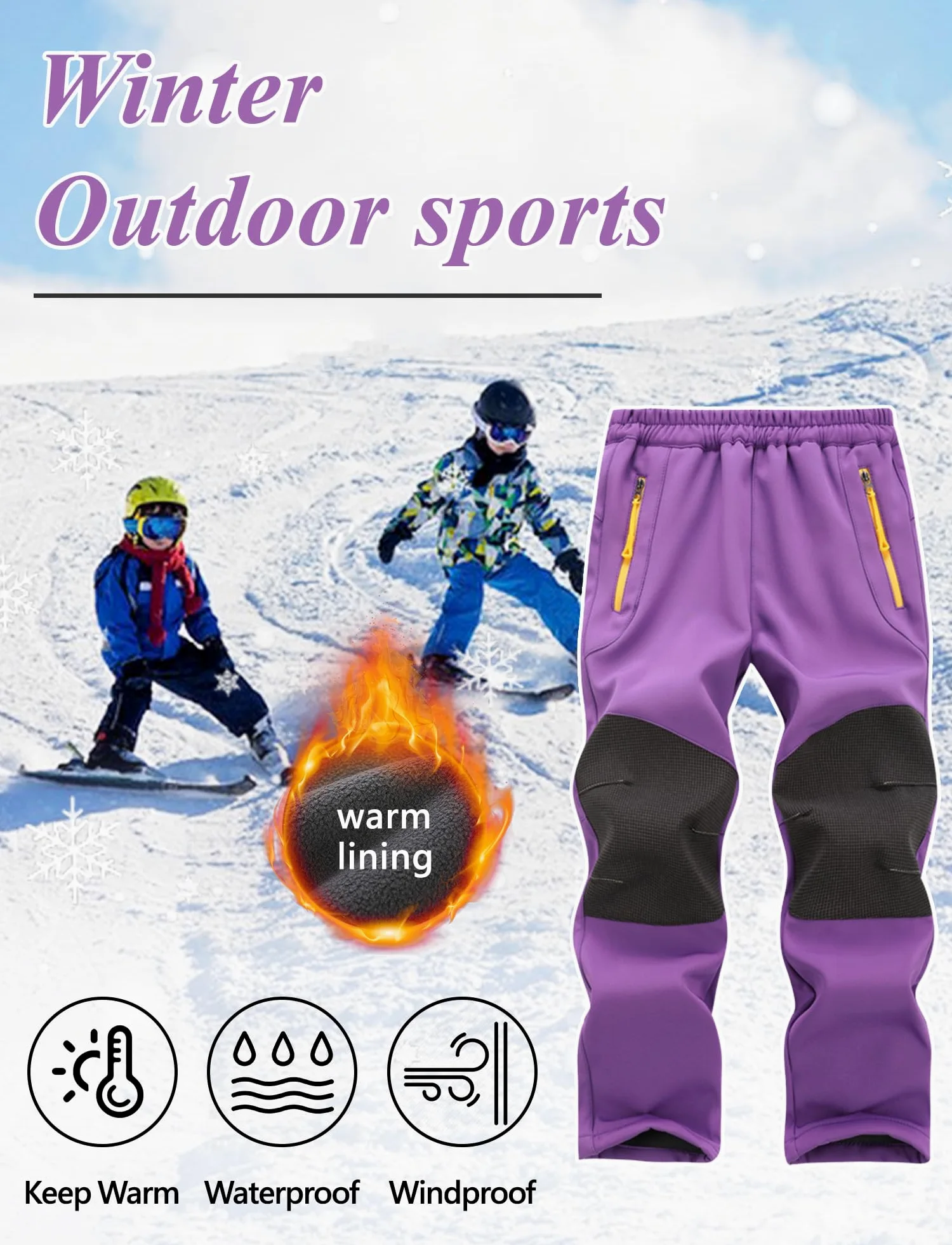 Maeau Pantalones de invierno para niños y niñas, forrados, cálidos, impermeables, para niños de 4 a 14 años, para exteriores, resistentes al viento, pantalones de invierno con forro polar, pantalones