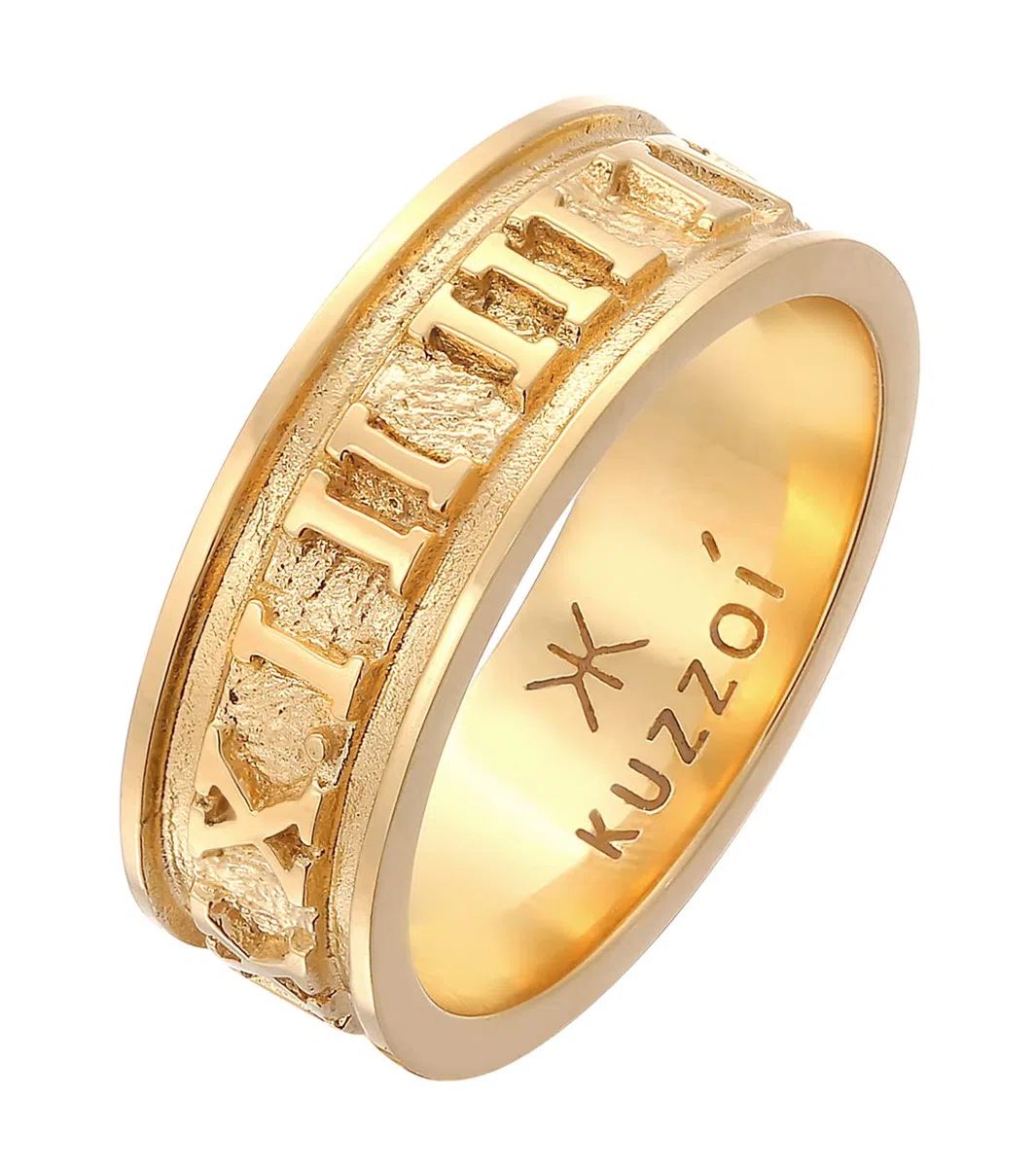 Kuzzoi Anillo para hombre dorado macizo (8 mm) en plata de ley 925 chapada en oro, accesorio de joyería con números romanos, anillo para hombres de talla 60 – 66, 0604211422