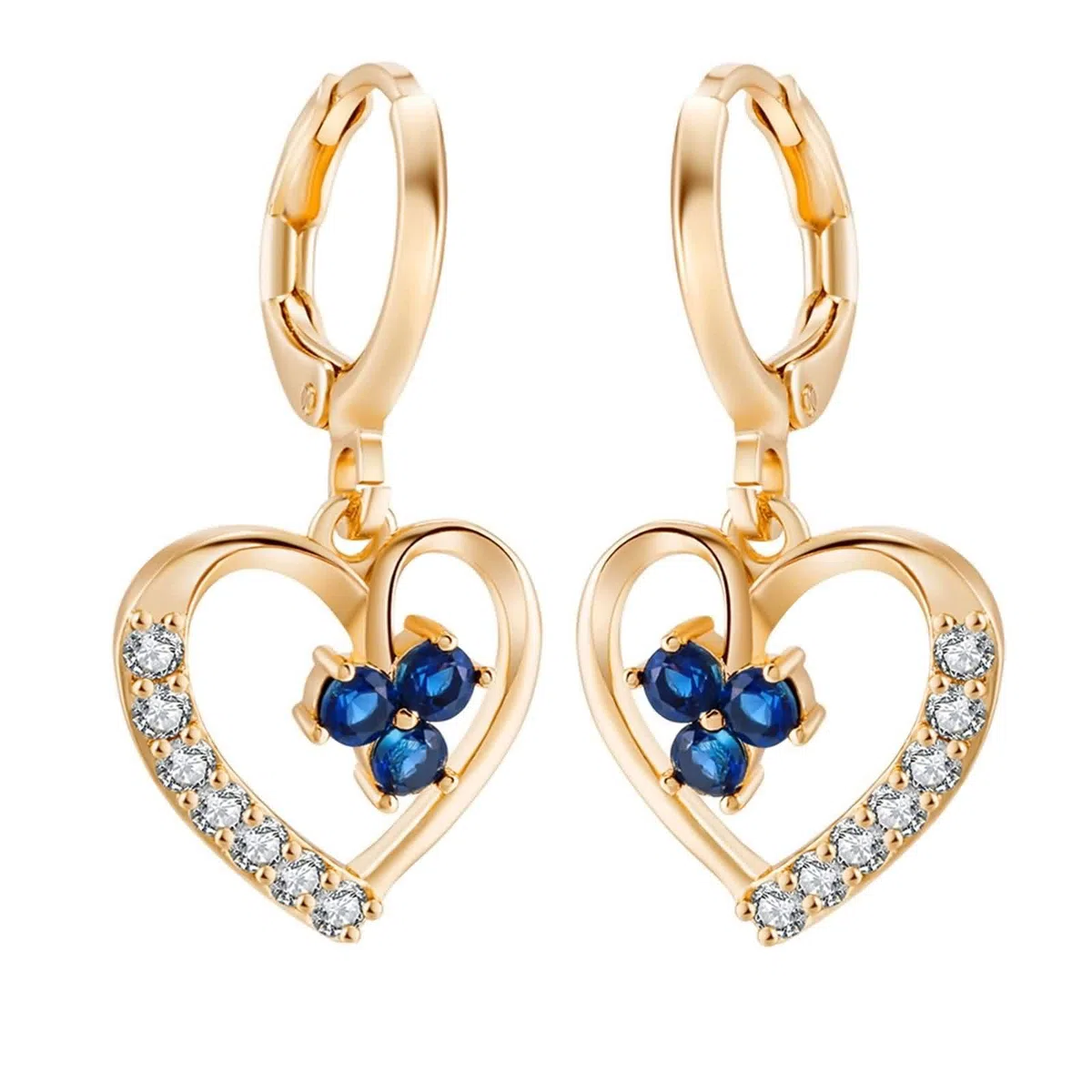 AMDXD Pendientes de aro para mujer de oro de 18 quilates, pendientes de aro con corazón hueco con zafiro azul, laboratorio creado en laboratorio, pendientes pequeños Au 750