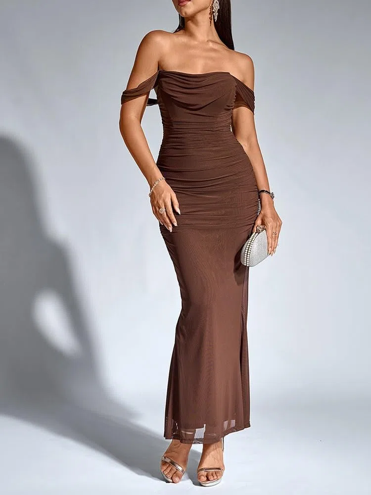 Vestido de dama de honor de satén elegante para mujer, vestido largo de graduación, hombros descubiertos, vestido de fiesta de noche, fruncido, largo, para invitada de boda