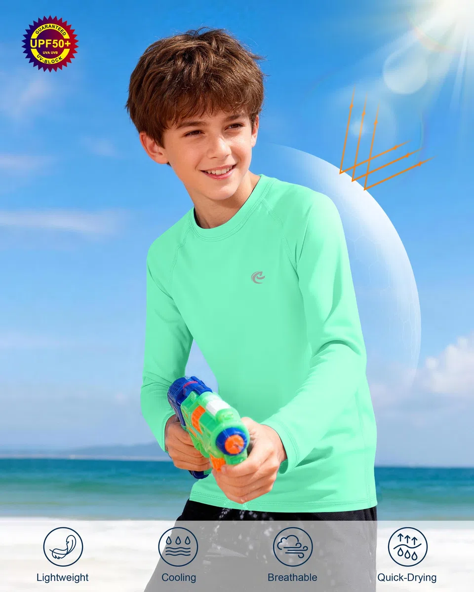Camiseta de natación de manga larga UPF 50+ para niños, paquete de 1 o 2 unidades de protección solar UV, camisetas de agua SPF para niños y jóvenes para playa y surf