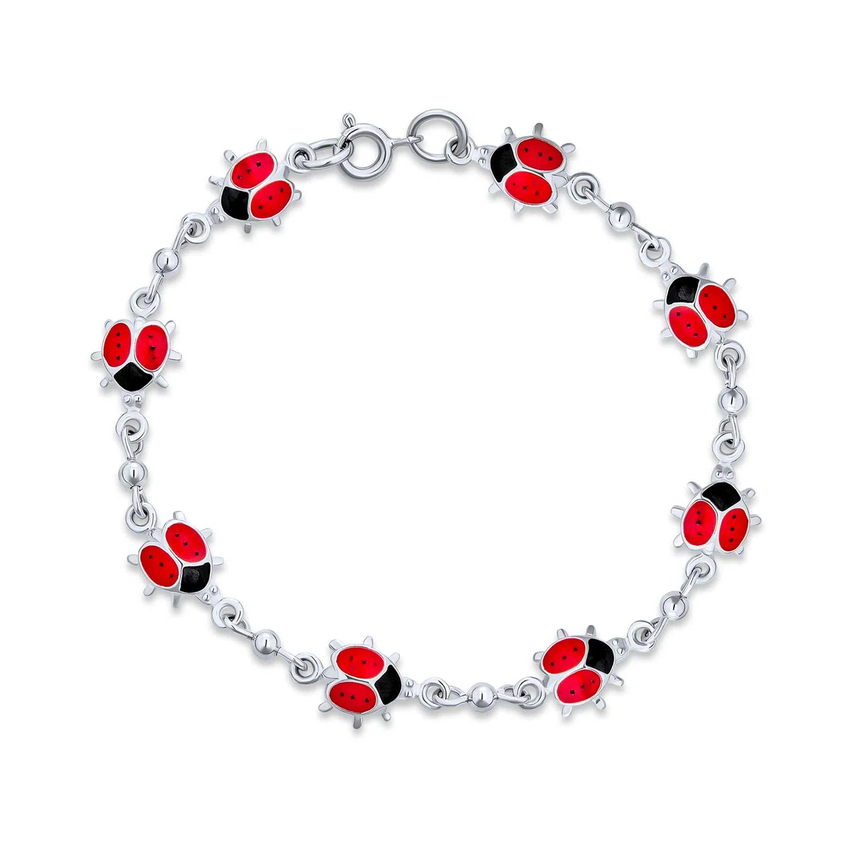 Pulsera de Encantos de Estación Múltiple de Buena Suerte Jardín Afortunado con Mariquitas Rojas de Esmalte para Mujeres Adolescentes .925 Plata de Ley 7,7.5 Pulgadas