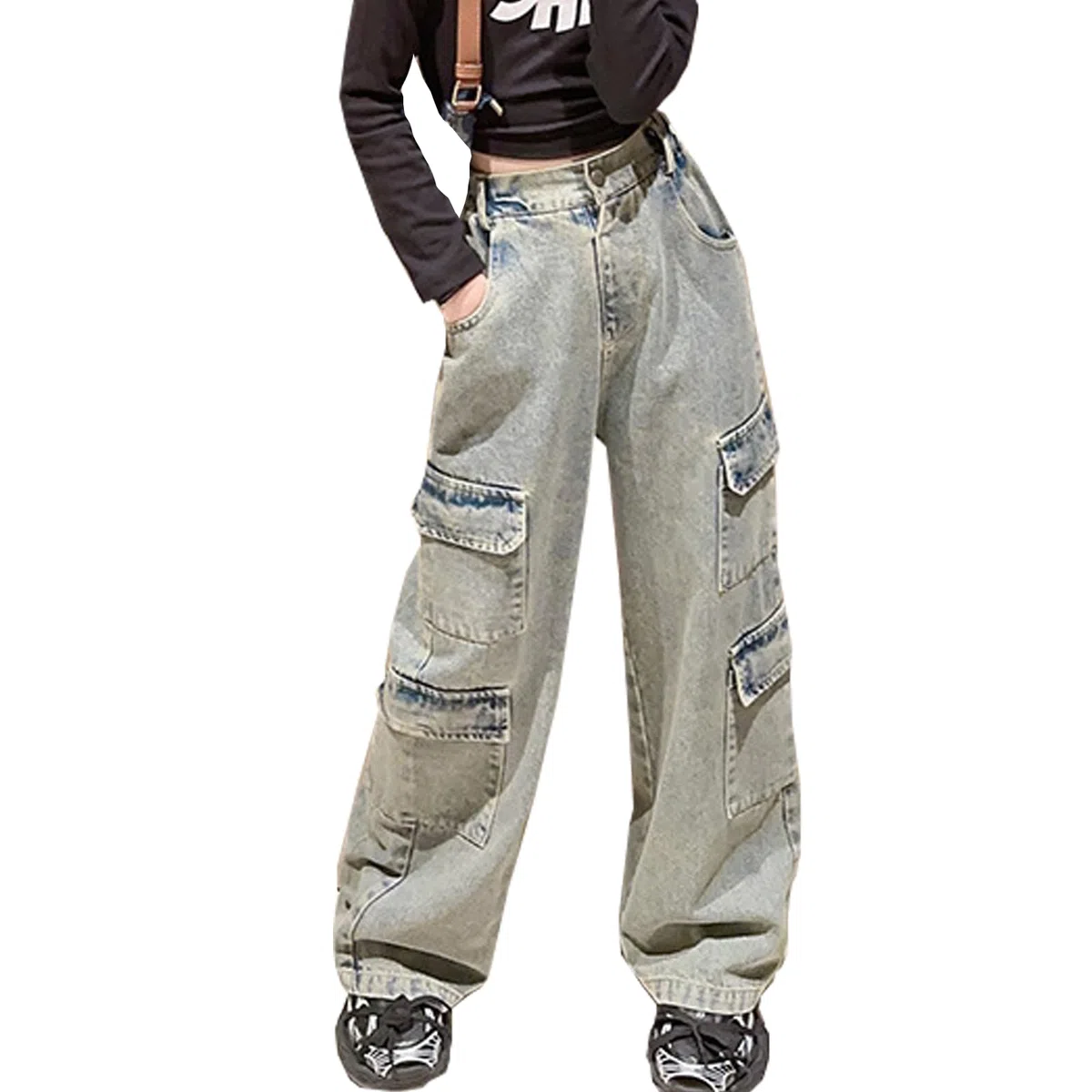 Pantalones de mezclilla para niñas de 4 a 14 años, estilo cargo, rasgados, desgastados, cintura elástica, pantalones holgados