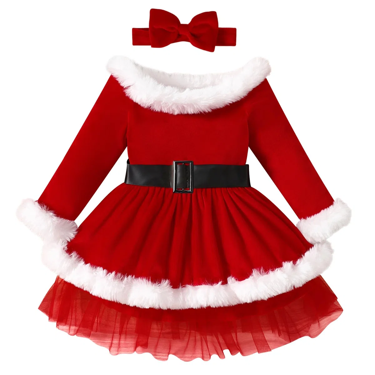 Odizli Vestido de Navidad para niña, niño, bebé, otoño, invierno, manga larga, vestido de terciopelo de Papá Noel, con cinta para la cabeza, traje de Navidad