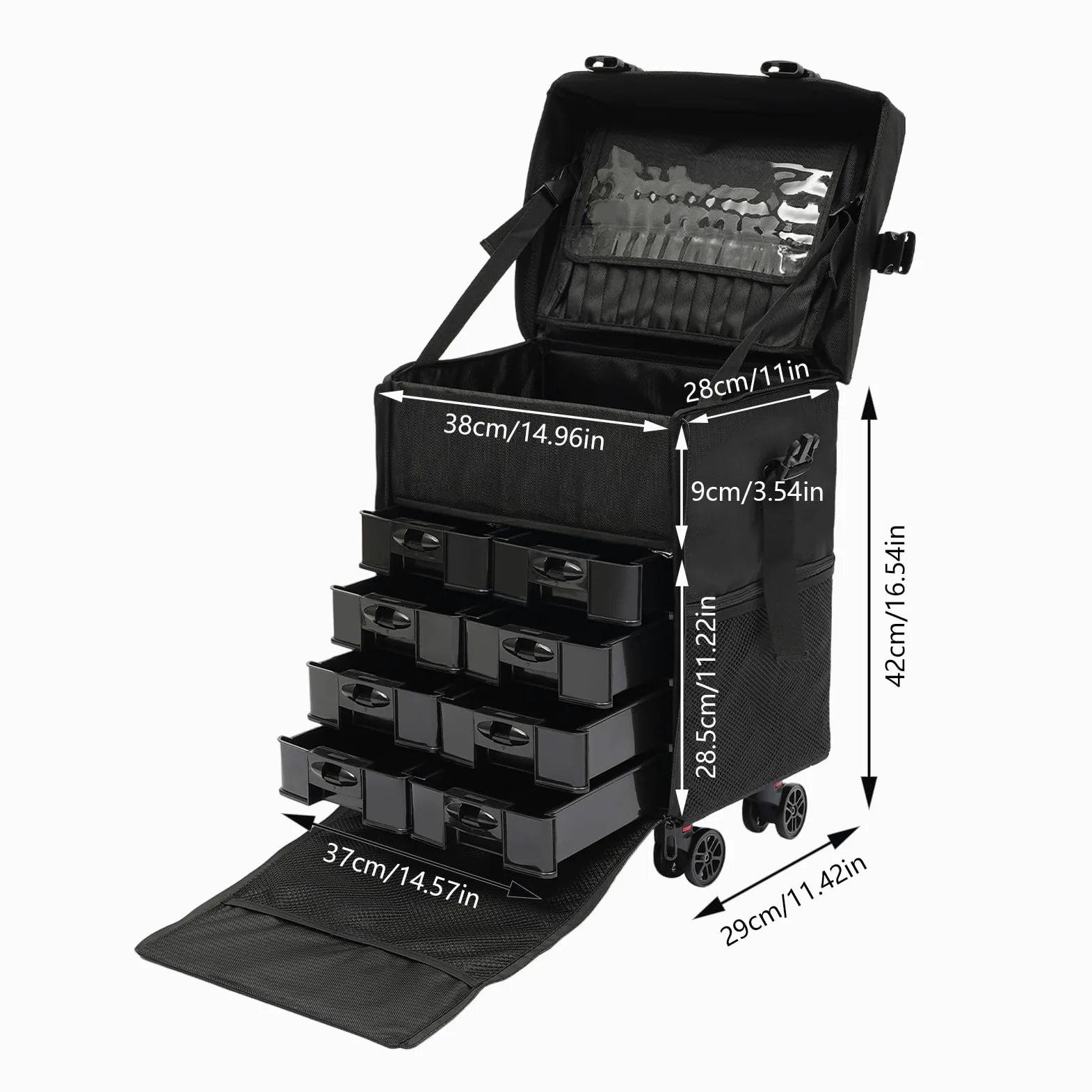 Maletín de maquillaje con 8 cajones y ruedas giratorias 360°, para viajes, esteticistas, peluquerías, Negro , Moda