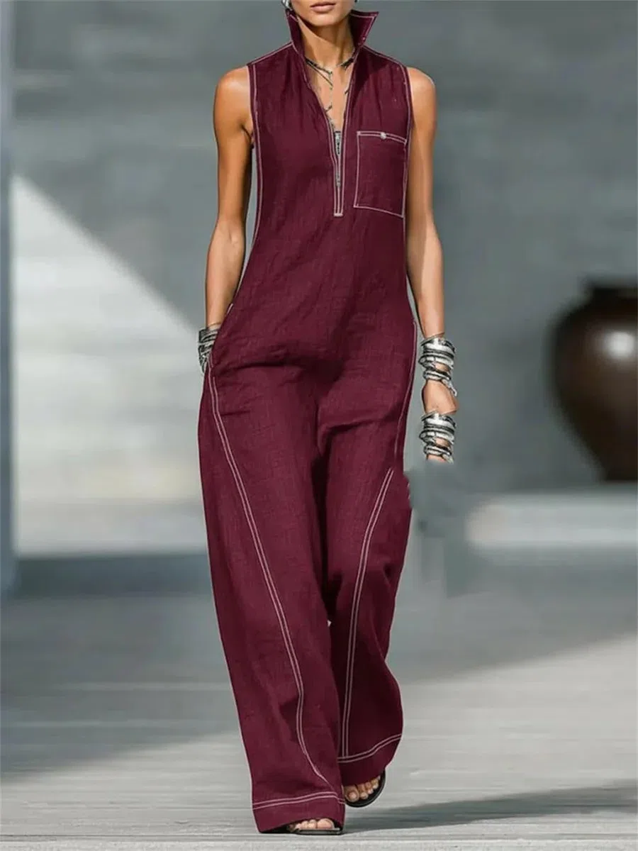 Yeuyyben Enterizo de algodón y lino para mujer, sin mangas, cuello mandarín, pierna ancha, casual, ajuste holgado, elegante, de verano