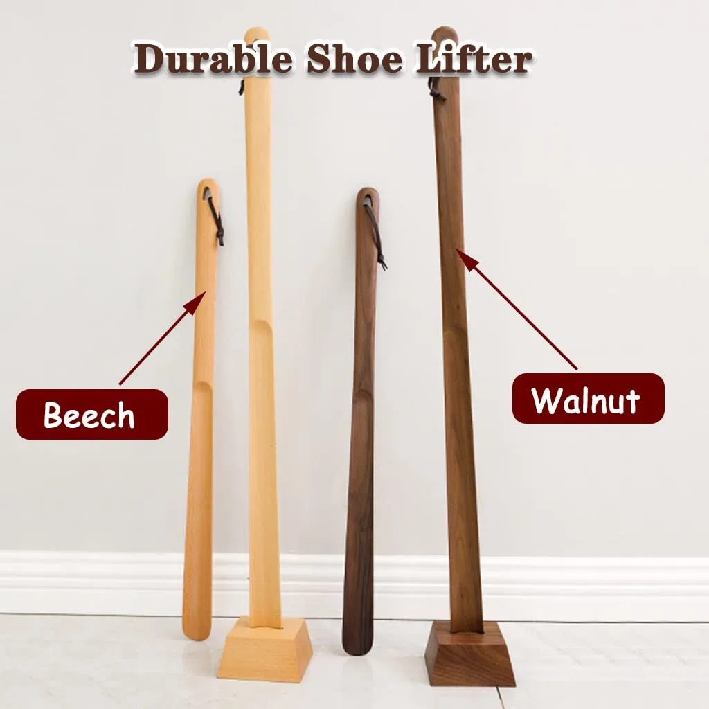Calzador largo de madera de haya para zapatos, calzador duradero de nogal negro con base estable para un uso y extracción sin esfuerzo, varios