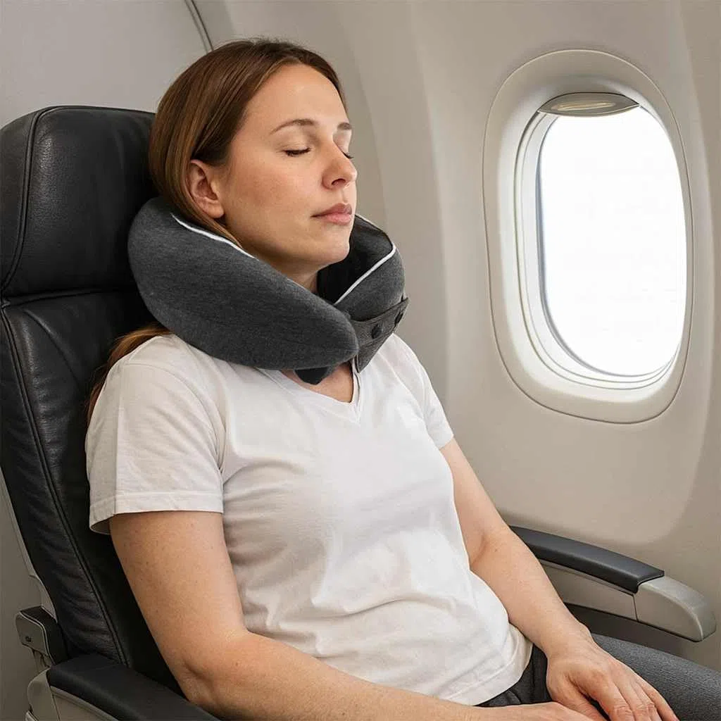 Almohada de viaje para cuello de espuma viscoelástica, color gris oscuro, 28 x 28 x 14 cm, soporte cervical ergonómico de 360 grados con funda de algodón extraíble, con bolsa