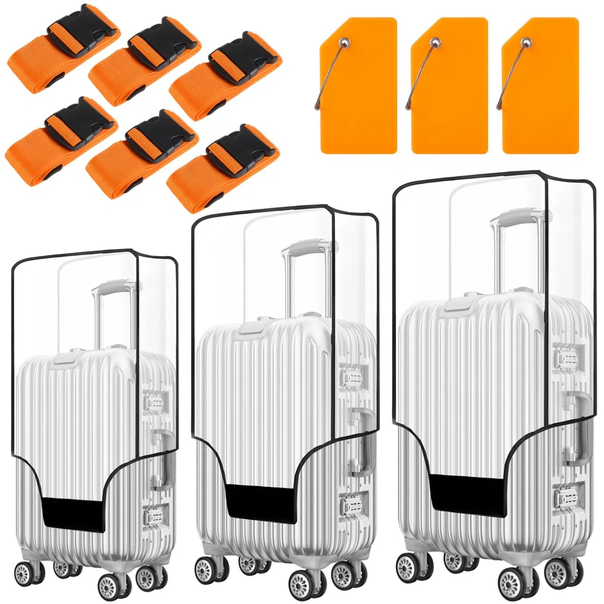 Fundas impermeables de PVC transparente para equipaje, juego de 3 piezas con correas de equipaje y etiquetas de silicona para viajes