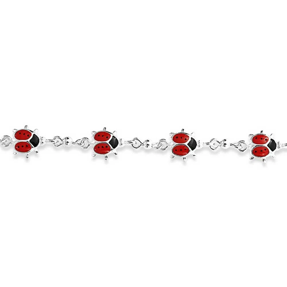 Pulsera de Encantos de Estación Múltiple de Buena Suerte Jardín Afortunado con Mariquitas Rojas de Esmalte para Mujeres Adolescentes .925 Plata de Ley 7,7.5 Pulgadas