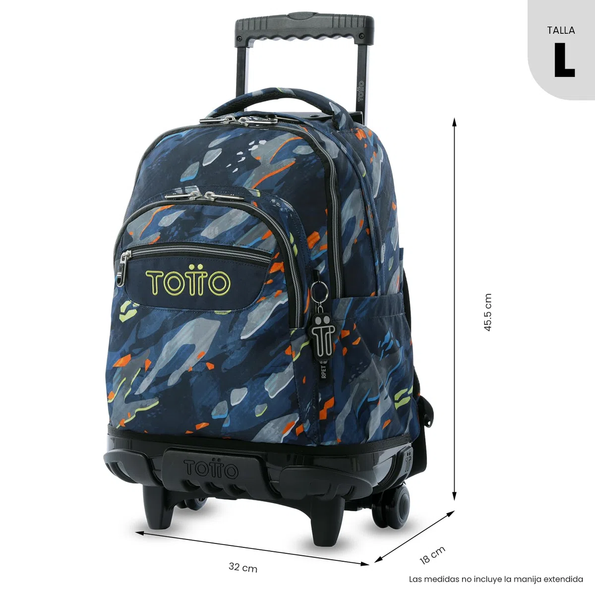 TOTTO - Mochila Escolar con Ruedas, Modelo Renglones, Capacidad 26,21 Litros, Bolsillo para PC 14", Bolsillo Botella, Correas en S para Mayor Comodidad, Resistente, Estampado Groove Azul