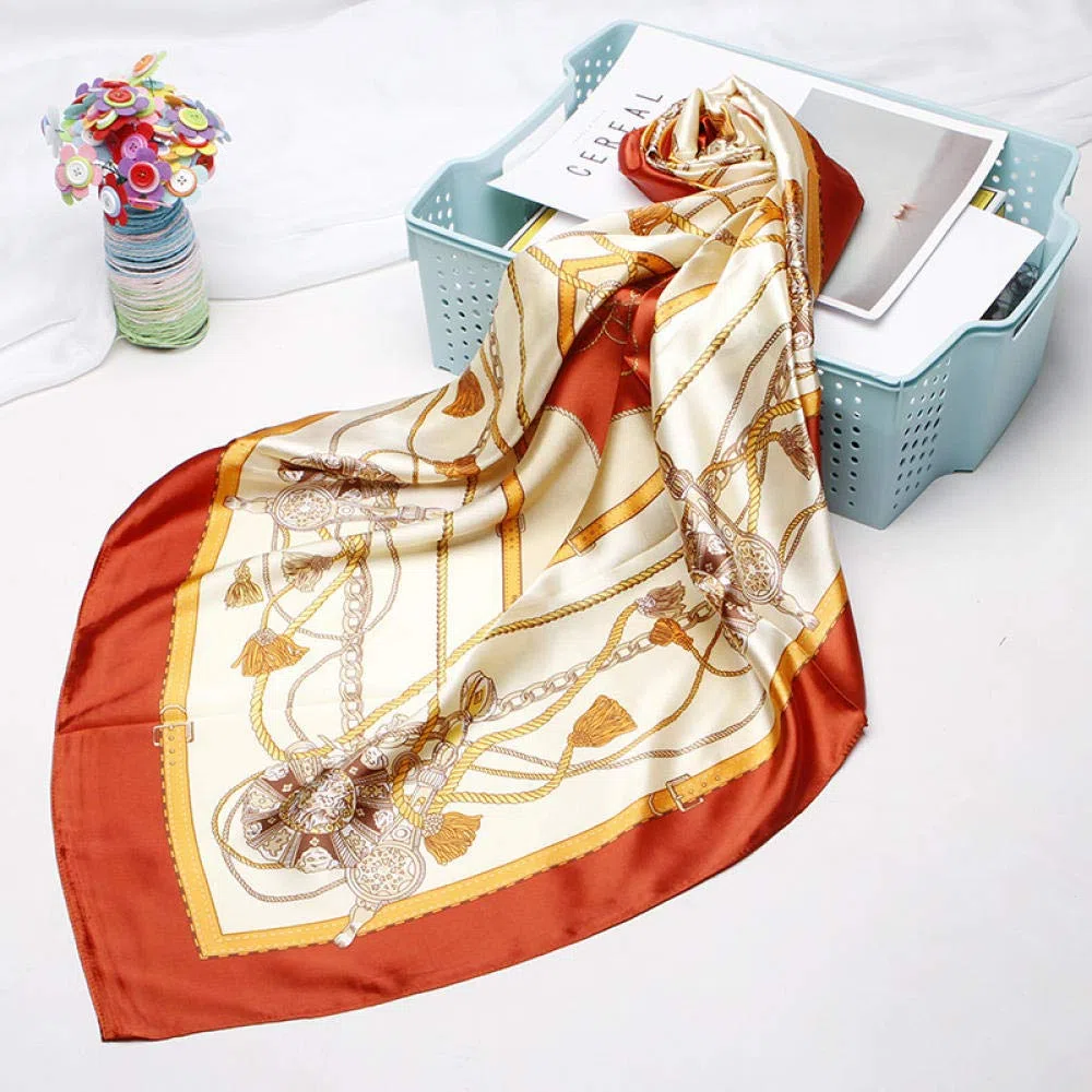 Pañuelo cuadrado pequeño para mujer, estampado de seda, imitación de seda, pañuelo cuadrado, pañuelo cuadrado pequeño para el cuello (azul claro 90*90) (gris albaricoque 90*90) (naranja 90*90)