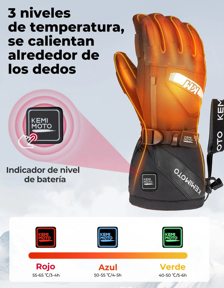 KEMIMOTO Guantes Moto Calefactables, Retención de Calor Desde -20℃ a -5℃, con Protección de Almohadilla EVA, 3 Niveles de Calefacción y 2500mAH, Esquí, Patinaje Actividades de Invierno