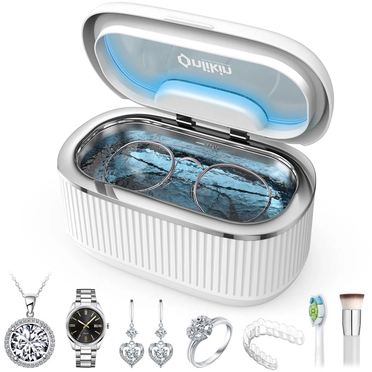 Limpiador ultrasónico de joyas, 35 W, 45 kHz, limpiador de retención, 5 temporizadores y 3 modos de potencia, gafas, anillos, correa de reloj, dentaduras postizas, 20 unidades