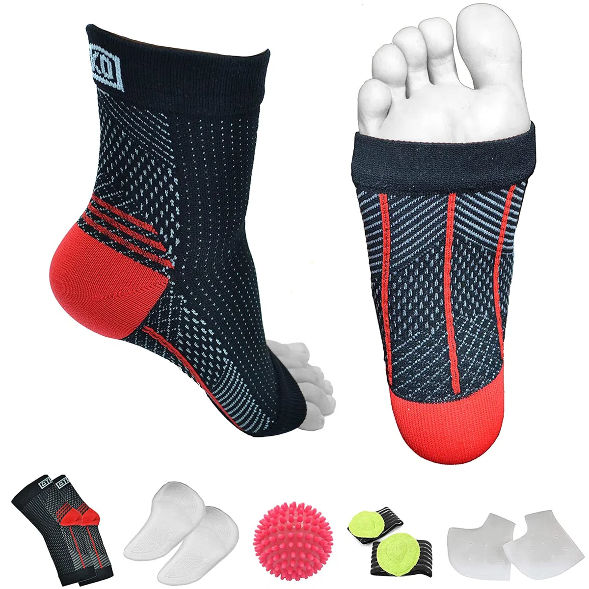 Atlecko Kit de calcetines de apoyo y alivio plantar, 11 piezas, 2 pares de calcetines para fascitis plantar, compresión de calidad cómoda (S/M)