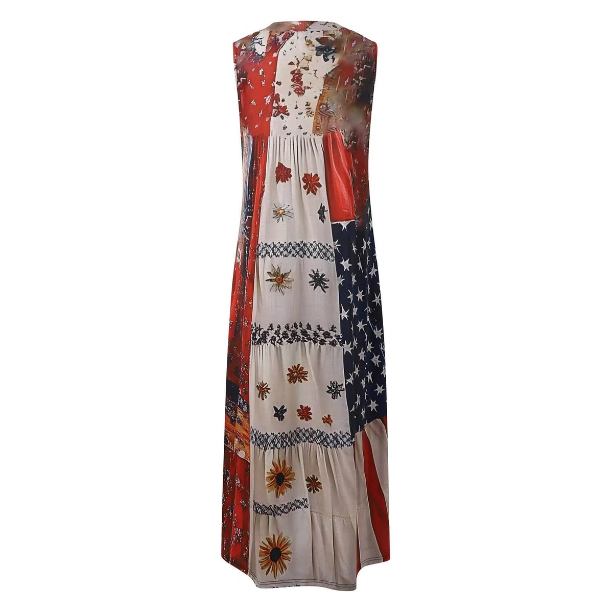 Vestido de verano casual con cuello sin mangas y estampado floral para mujer, día de la independencia