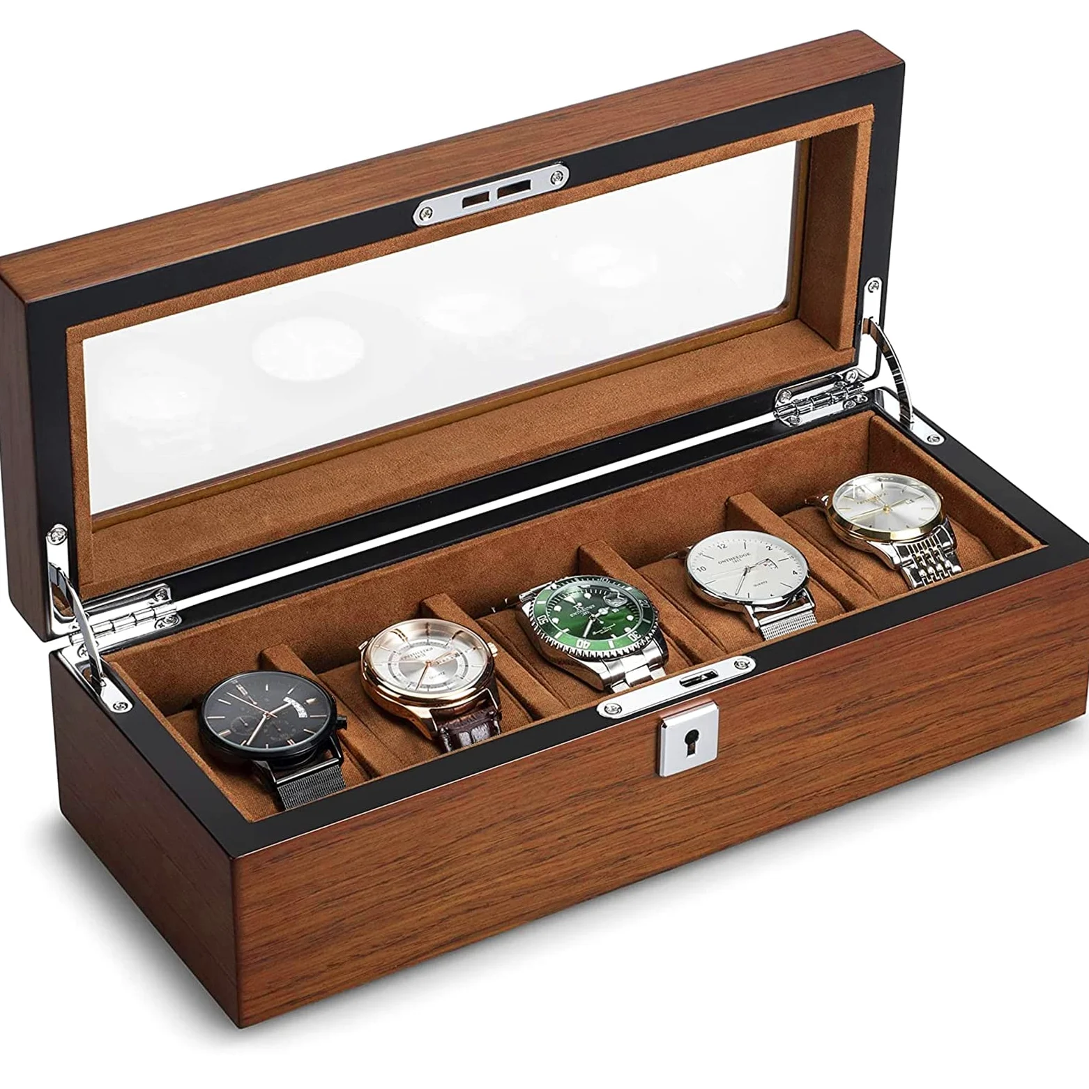 Caja de Relojes con 5 Compartimentos, Madera Estuche Relojes Hombre | Organizadora de Reloj con Tapa de Cristal y Cerradura, Cojín Extraíble, Porta Relojes Idea de Regalo Hombres/Niñas/Festival