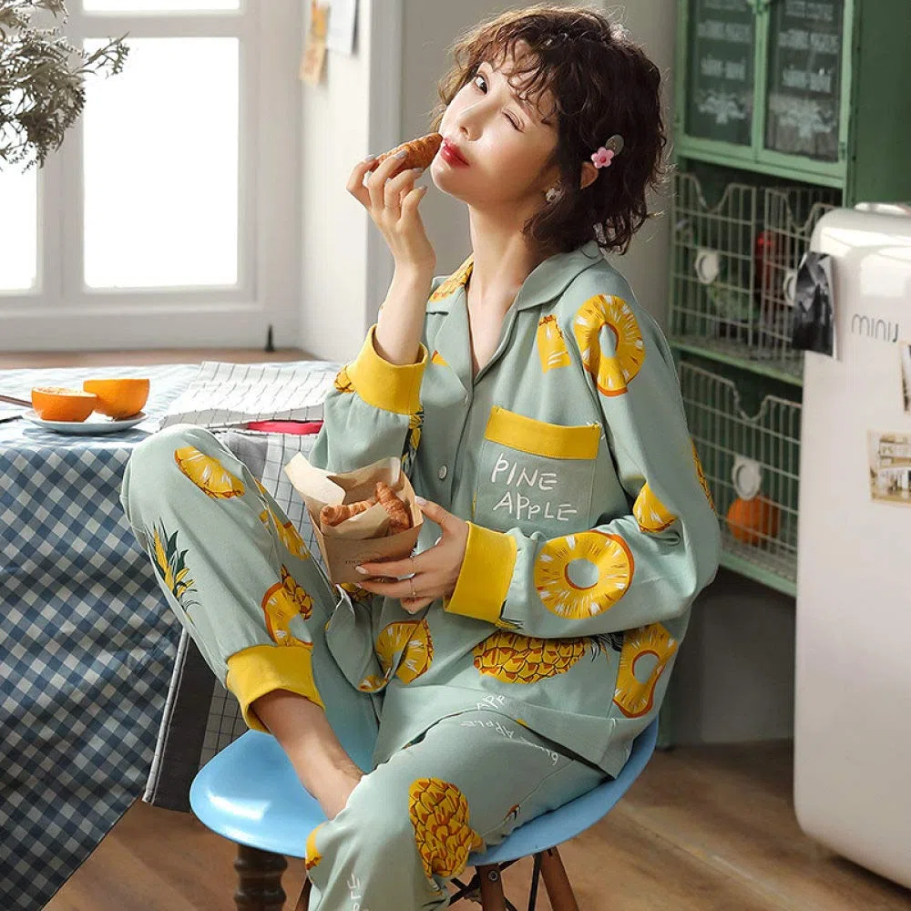 Conjunto De Pijamas De Mujer,Conjunto De Pijama De Manga Larga Algodón Estampado De Piña Lindo Botones Ropa De Dormir Tops & Bottom Pjs Set Nightwear Loungewear Para Todas Las Estaciones, Verde, 3Xl