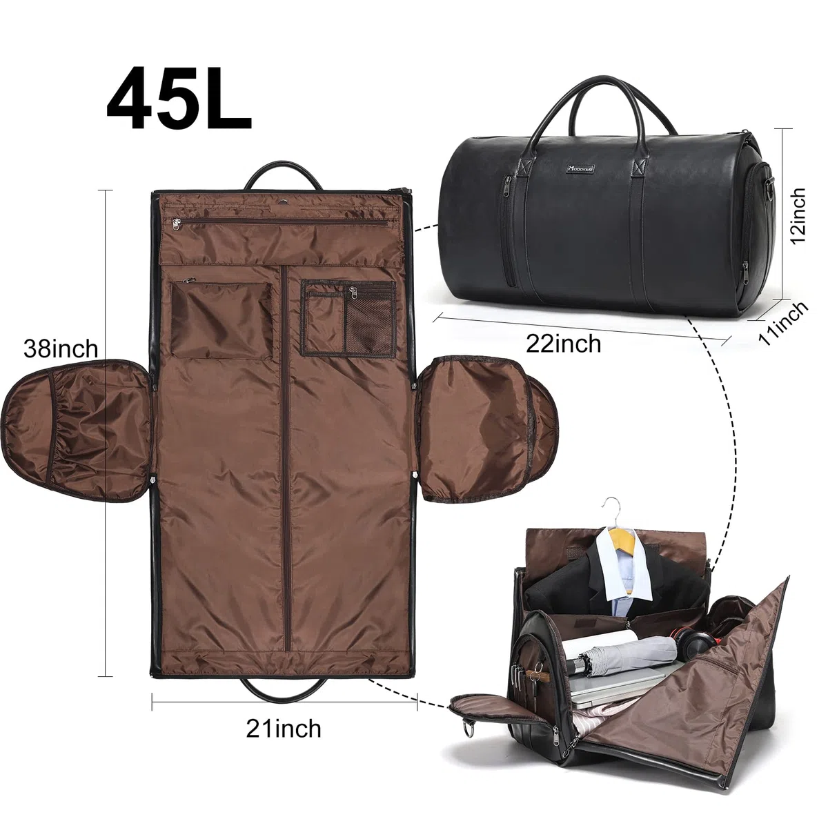 Modoker - Bolsa de Cuero Convertible, Bolsas de Viaje para Ropa y Negocios, Regalo para Hombres y Mujeres, Maleta Impermeable, Color Negro