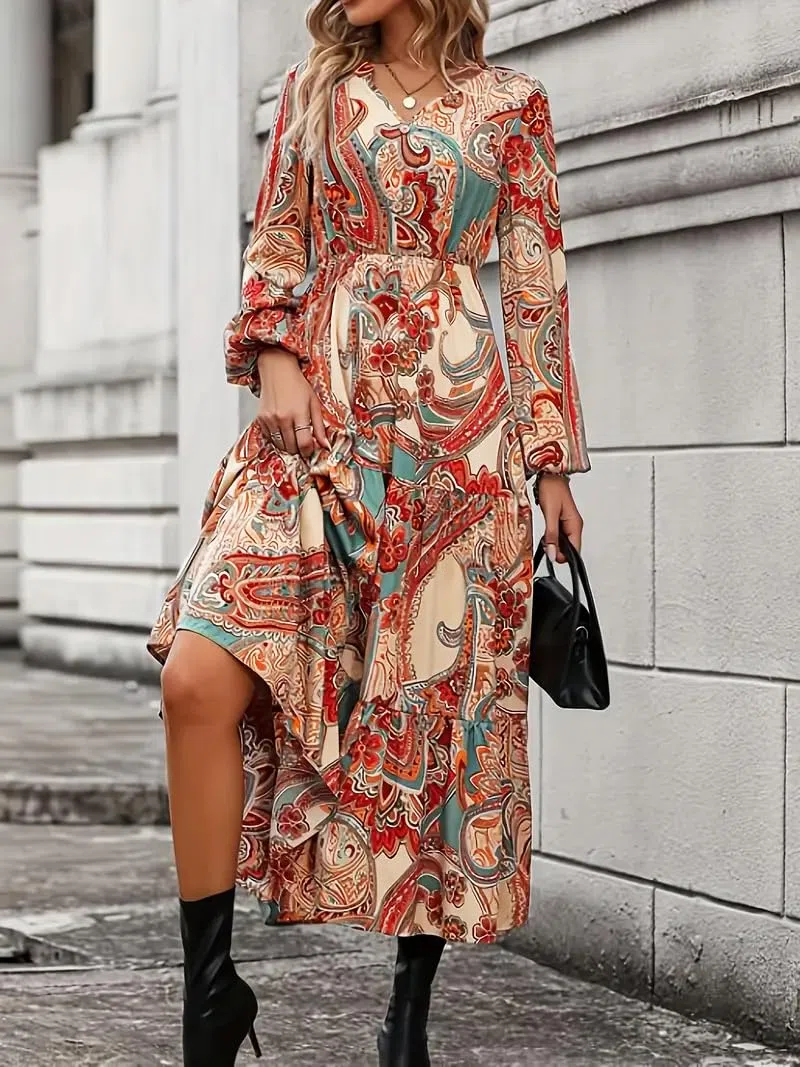 GRECIILOOKS Vestido de mujer elegante con cuello en V, vestido casual de estilo occidental, vestido maxi estampado floral para mujer, vestido estampado floral para mujer, moderno, vacaciones, fiesta y