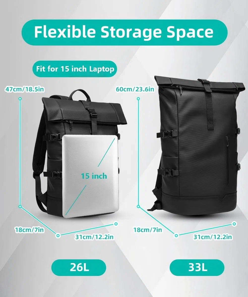 Mochila Enrollable Impermeable Mochila Ordenador Portatil 15 Pulgadas Antirrobo Mochila Hombre Casual para Viaje Ciclismo Escuela Deporte-Negro