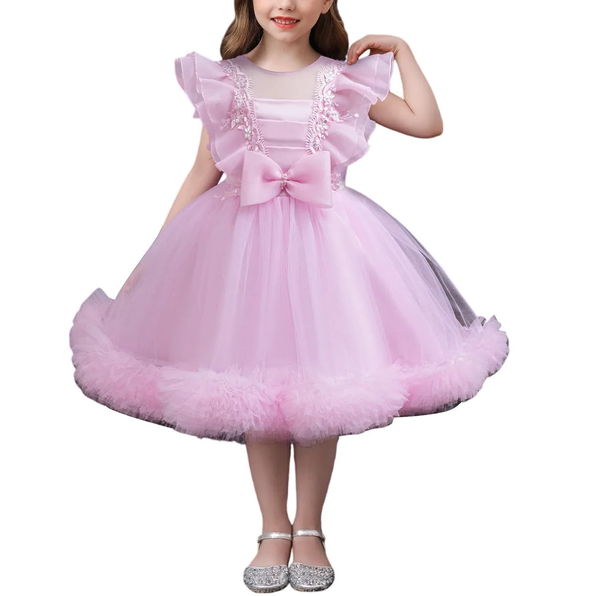 Vestido de princesa para niñas, con lazo de tul, para fiesta de cumpleaños, formal, vestido de graduación, boda, dama de honor, concurso, manga con volantes, lindos vestidos
