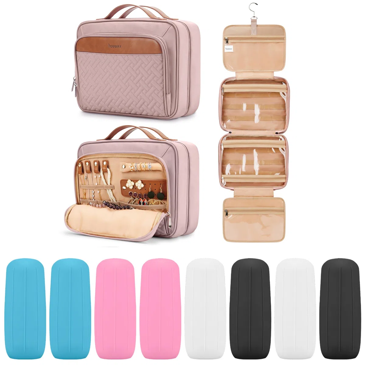 COOSKY Neceser colgante de viaje para mujer, con capacidad para champú de tamaño completo, con compartimento organizador de joyas, bolsa de maquillaje extragrande, bolsa de cosméticos impermeable,