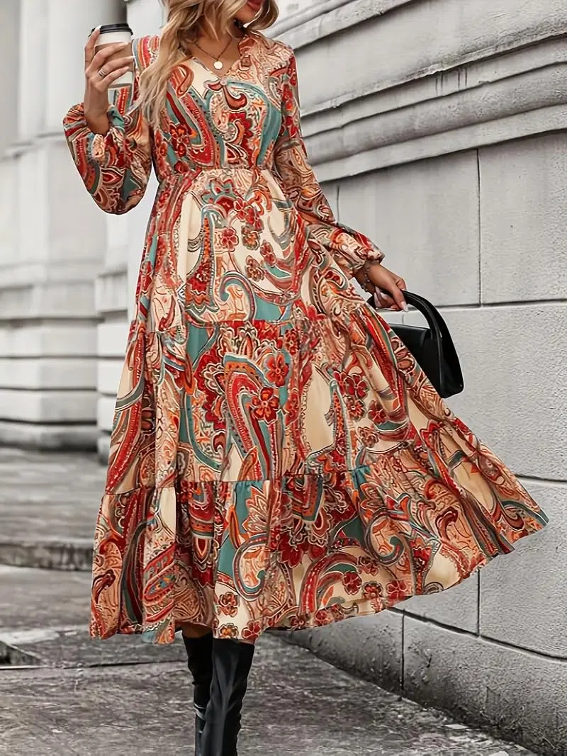 GRECIILOOKS Vestido de mujer elegante con cuello en V, vestido casual de estilo occidental, vestido maxi estampado floral para mujer, vestido estampado floral para mujer, moderno, vacaciones, fiesta y