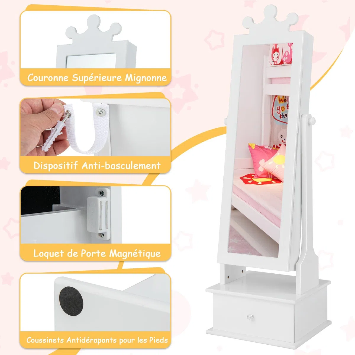 GOPLUS - Armario de joyería infantil con espejo de longitud completa, organizador de joyas con 3 cajones y 4 estantes de almacenamiento, 13 ganchos y 18 ranuras para pendientes, rosa (blanco)