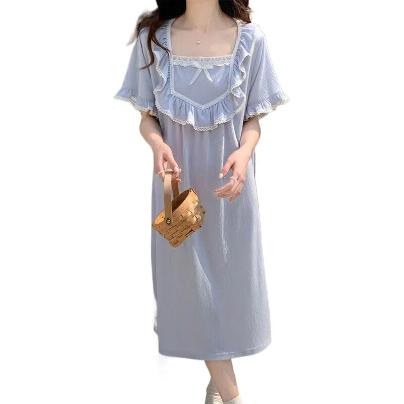 OFFSUM Camisón De Pijama De Mujer - Dulce Verano Encaje Bordado Princesa Ropa De Dormir Estilo Francés Temperamento Albornoz Cuello Cuadrado Color Sólido Ropa De Casa