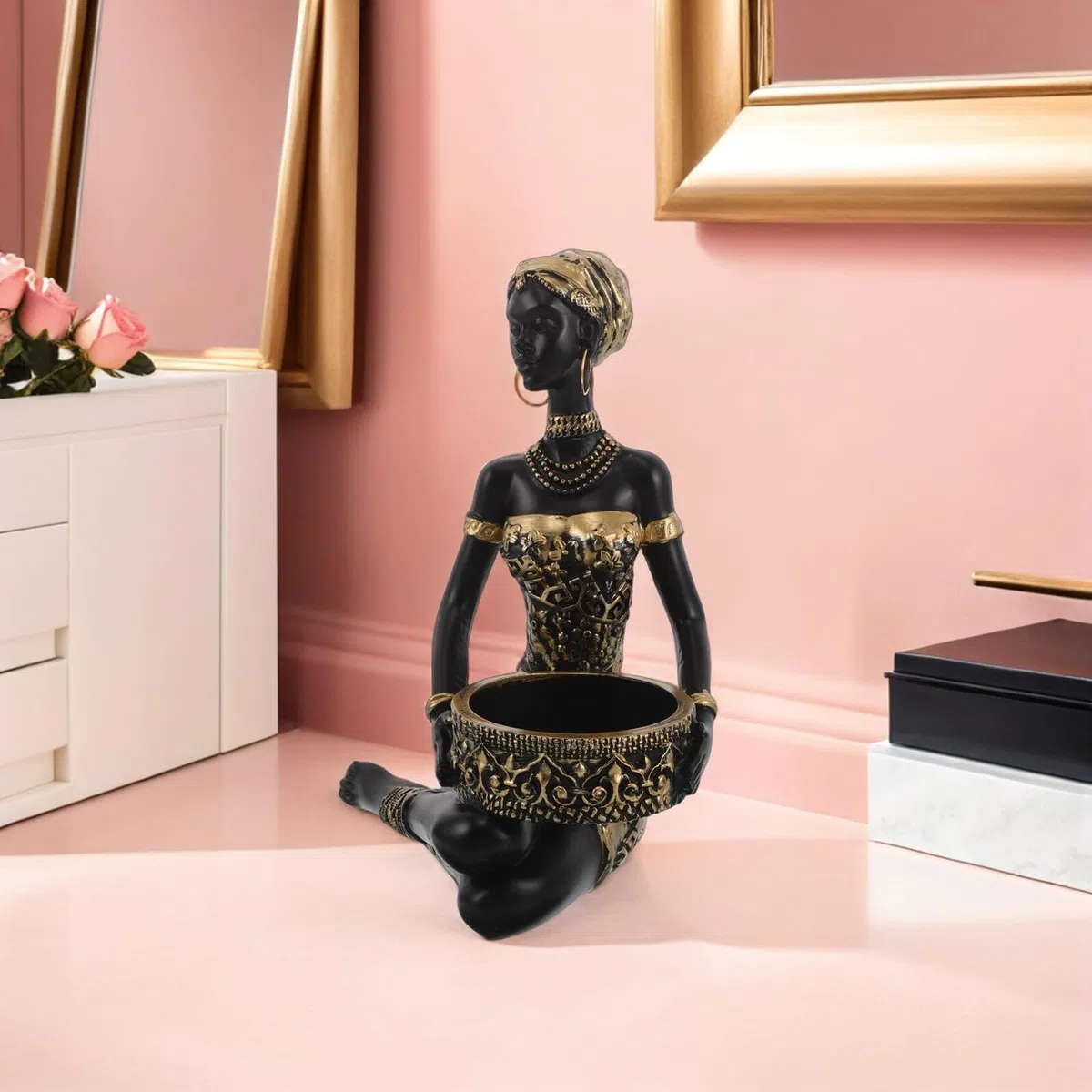 TOYANDONA Bandeja para Joyas y Organizador de Tocador de Resina Figura de Mujer Africana, Soporte Decorativo para Accesorios y Pendientes, Bandeja Pequeña para Almacenamiento en Hogar