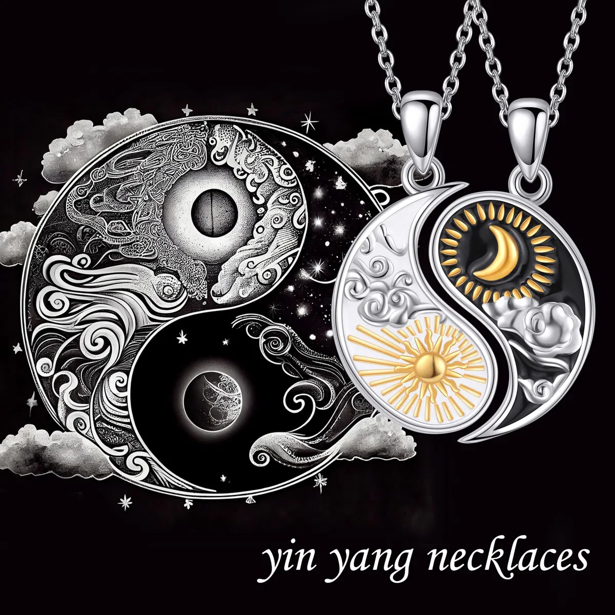 Collar a juego para parejas, de plata de ley 925, Yin Yang, collar a juego para parejas, día de San Valentín, regalo para mujeres y hombres, standard, Plata esterlina, No es una piedra