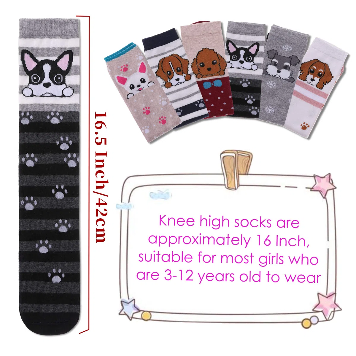 FNOVCO Calcetines largos de algodón hasta la rodilla para niñas, regalo divertido y divertido con bonitos patrones de animales, 6 pares