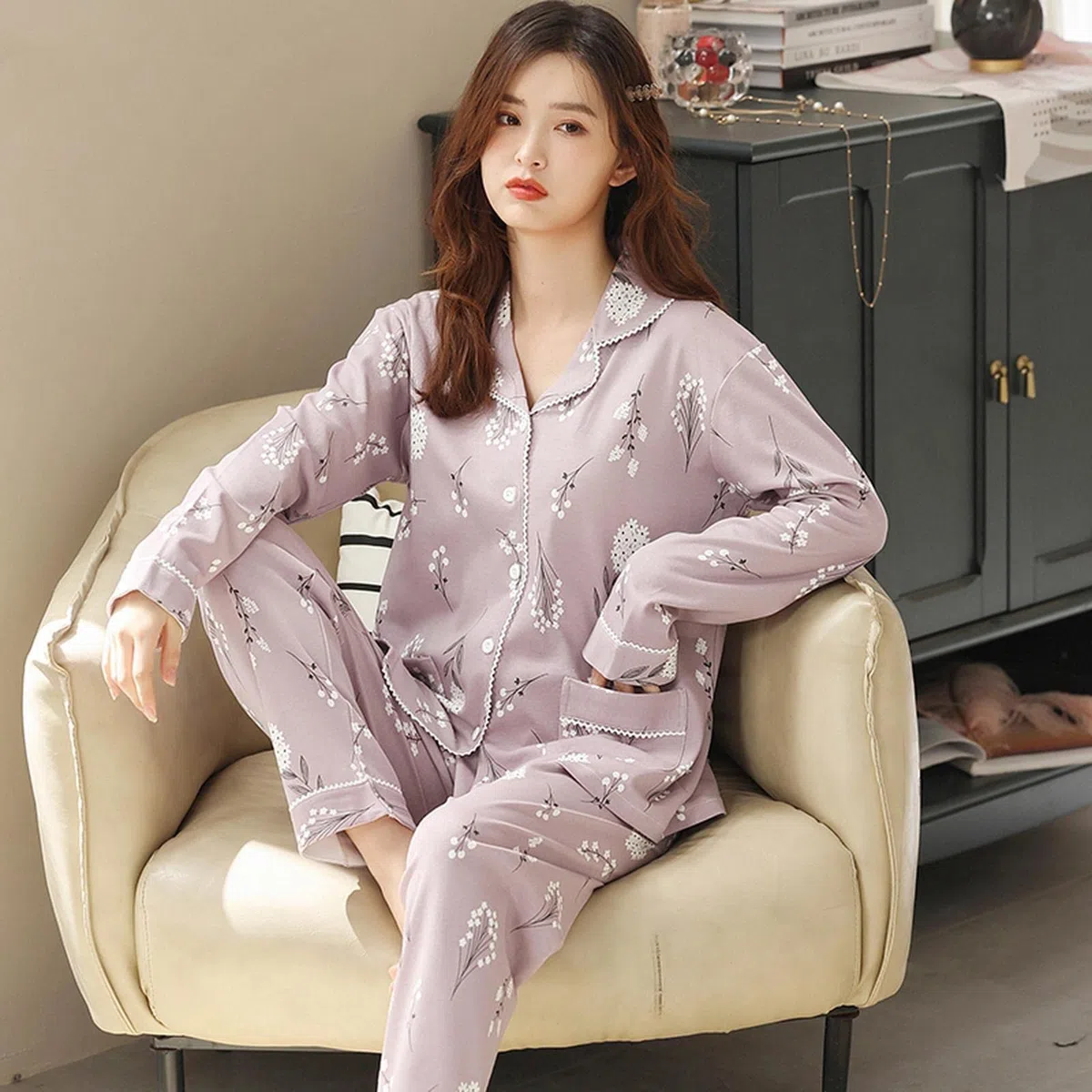 MOGSA Pijama elegante para mujer, cuello abatible, pijama floral para mujer, otoño e invierno, ropa de dormir de algodón de punto para mujer, como se muestra, talla L, 50-60 kg
