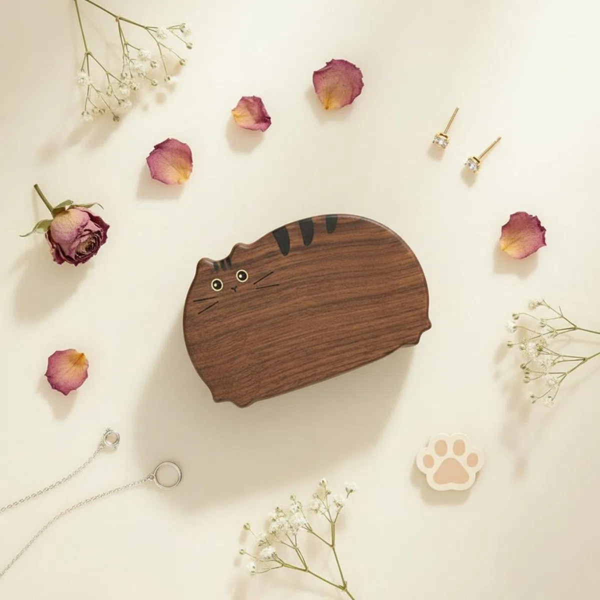 rockible Joyero de Madera Gato Caja Estuche Alhajas Organizador Anillos Collares Estuche Pulseras Interior Forrado en Terciopelo Que Protege Adecuado para, Nogal Negro
