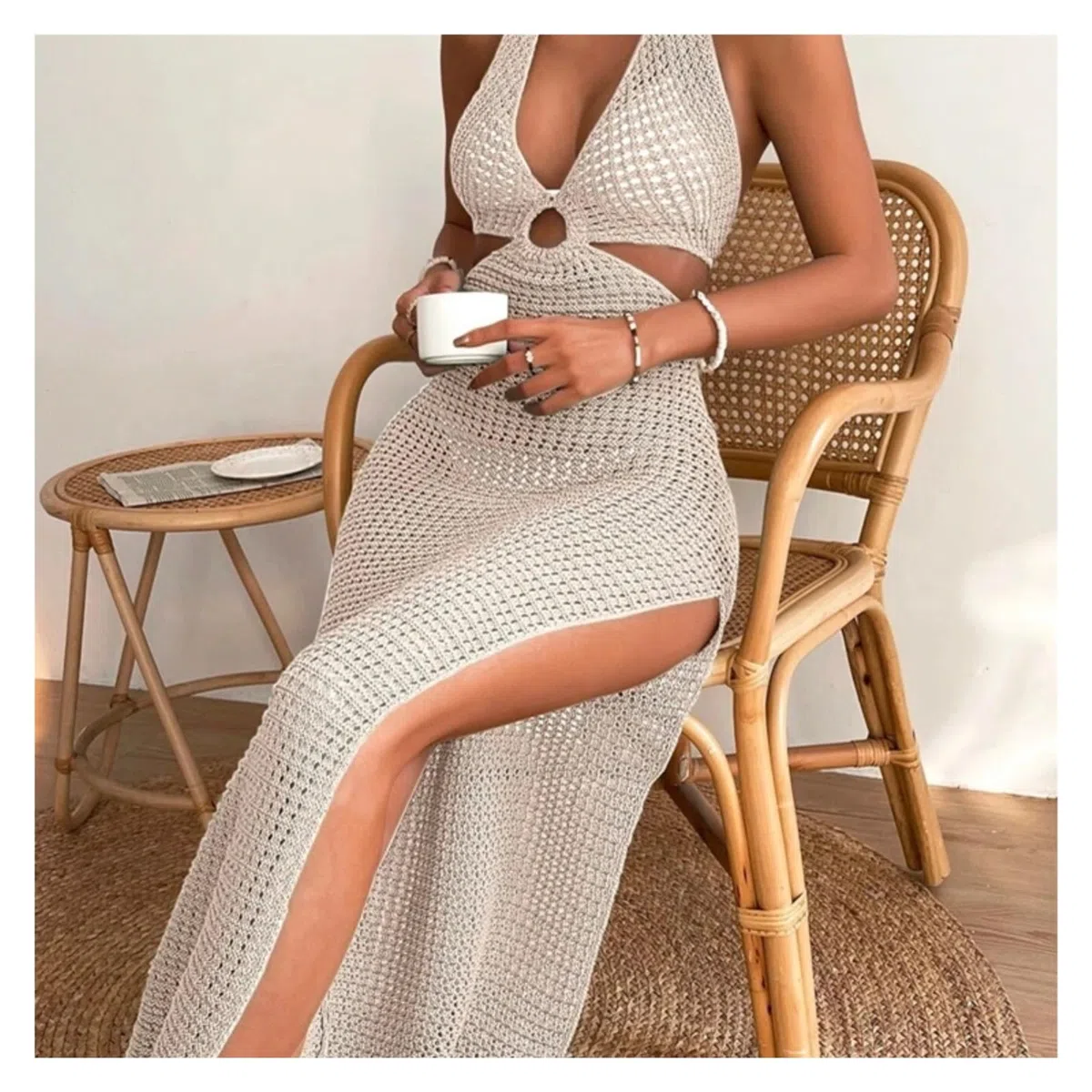 Vestido de Playa de Ganchillo Vestido Largo sin Mangas con Cuello Halter de Crochet Beige for Mujer for Vacaciones en la Playa Verano