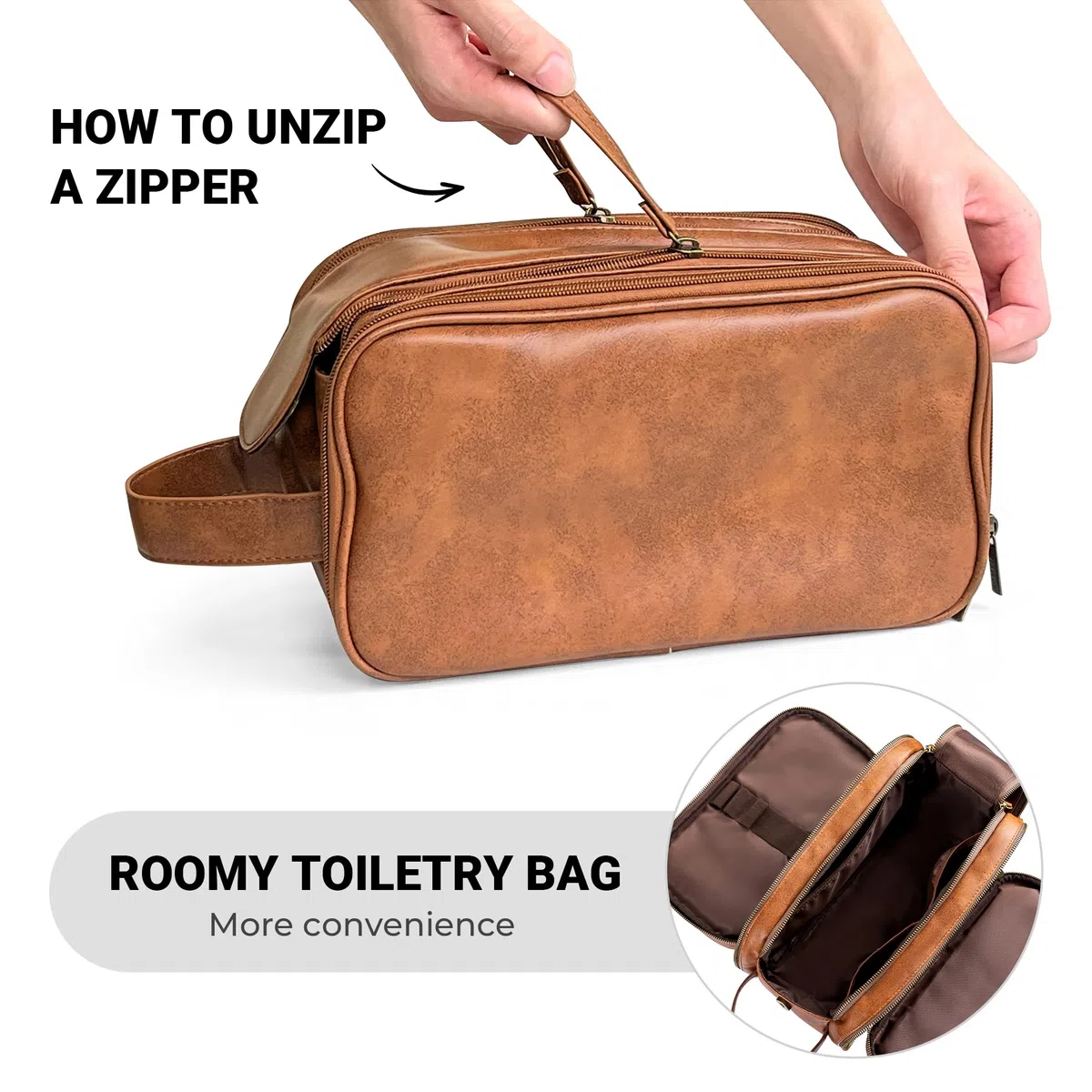 Elviros Neceser de Viaje para Hombres, Kit de Afeitado Grande, Resistente al Agua, Organizador de artículos de tocador de baño de Piel sintética, Regalo para el día del Padre