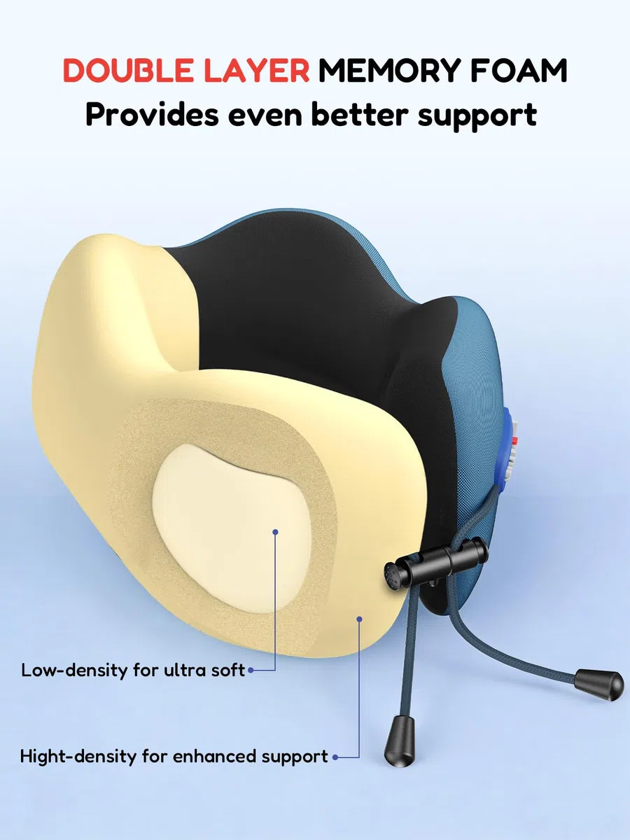 Almohada de Viaje para Cuello para Avión y Coche Neck Pillow | Con Correa de Asiento y Antifaz 3D, Soporte para Cabeza y Cuello, Espuma Viscoelástica Cómoda para Vuelos Largos, Azul Lago