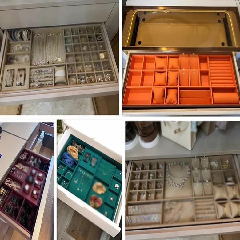 Organizador de joyas apilable para cajón, bandejas de almacenamiento de joyas grises, insertos de tocador para anillos, collares y accesorios (60 x 41 x 5,5 cm)