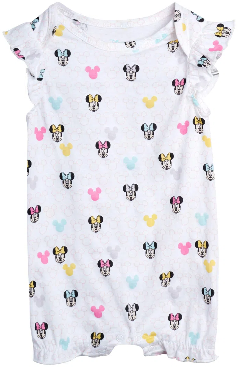 Disney Baby Girls Romper 2 Pack: Minnie Mouse Ruffle Sleeve Romper (Newborn/Infant), Size 6-9 Months, Lavender/White Multi Minnie