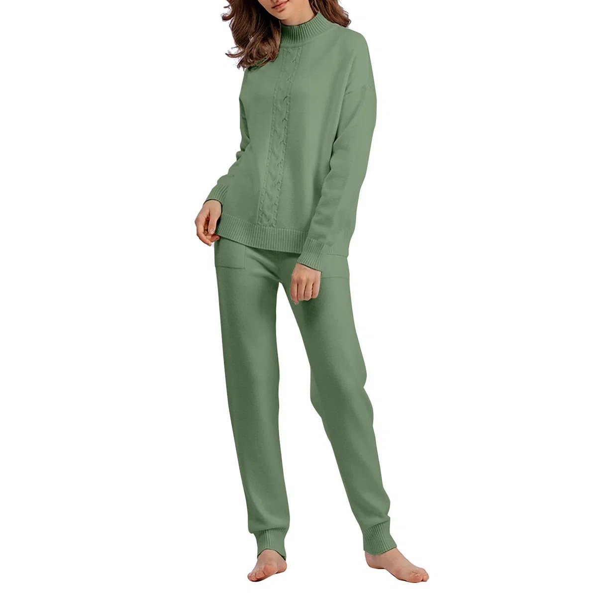 Conjunto de pijama de invierno cálido para mujer, Pijamas de color liso, alto cuello alto, salón, suave, cómodo, pantalones delgados, ropa de dormir informal, grande, pijamas de algodón y manga larga